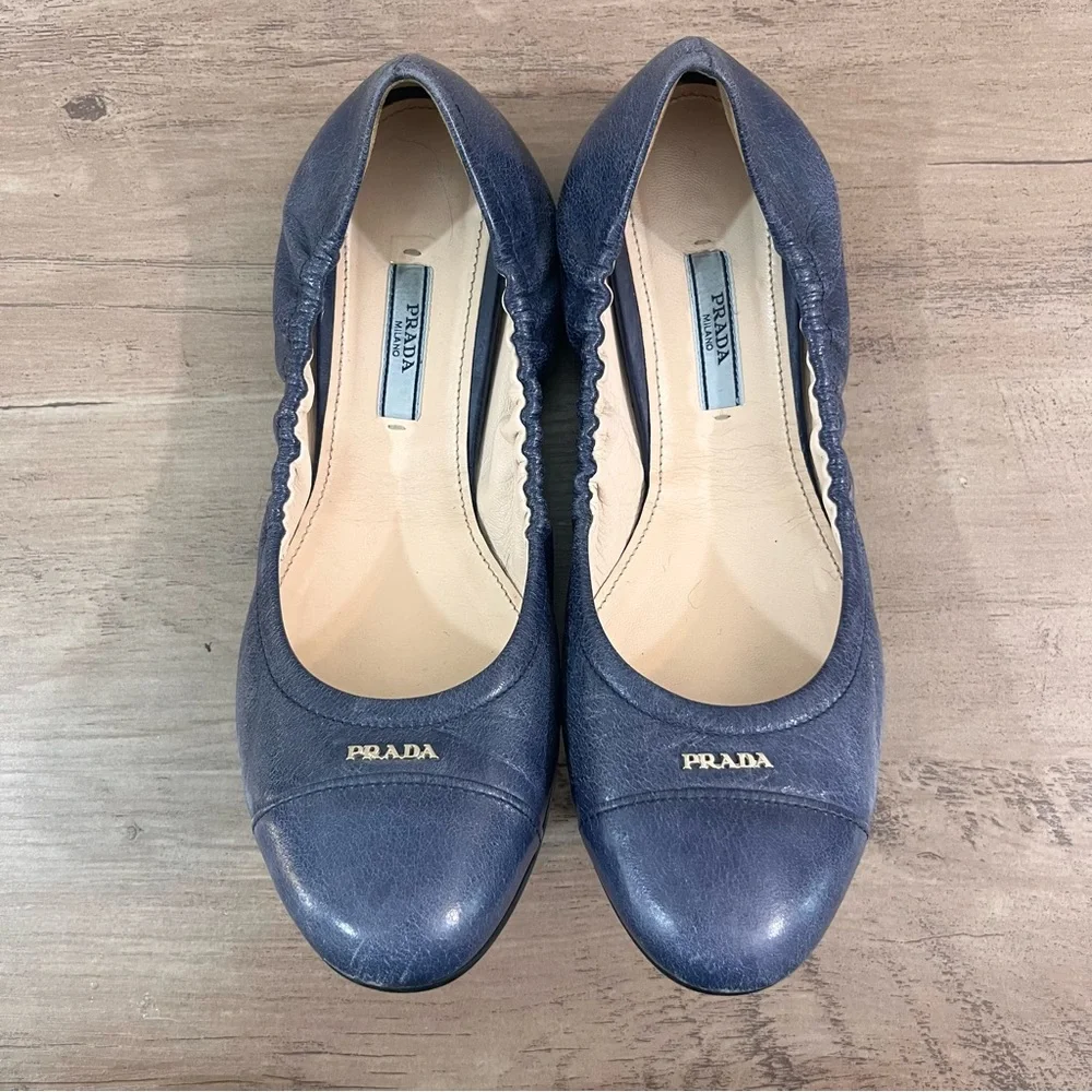 Prada Leather Scrunch Ballet Flats 9.5 Navy Blue 39.5 Made In Italy - Picture 1 of 9